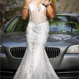 White and silver prom dress